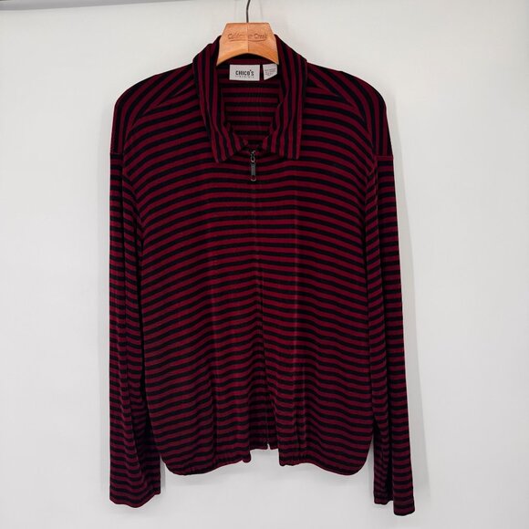 Chicos 3 Travelers Red Black Striped Zip-Up Long Sleeve jacket Top Size XL knit - Picture 8 of 13